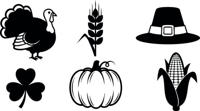 用于秋季庆祝活动设计的感恩节符号矢量图集：火鸡、南瓜、小麦、玉米、清教徒帽和三叶草