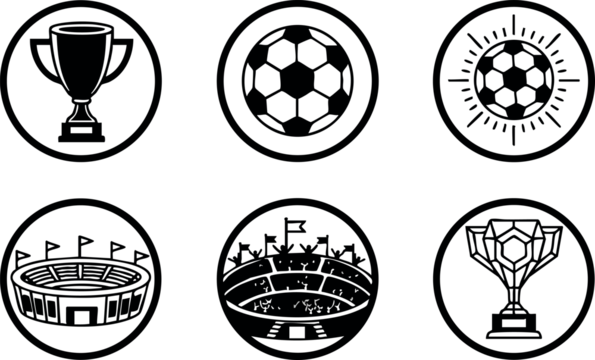 适用于体育和竞赛主题的、包含奖杯、体育场与足球的黑白矢量足球图标设计