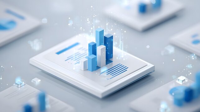 一幅动态3D柱状图的抽象数字插画，呈现向上的商业分析财务趋势以及数据驱动的战略发展，并带有发光效果