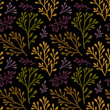 矢量植物无缝图案。时尚的花卉装饰，包含简约的花枝、嫩枝、叶子、海藻、珊瑚。深秋季色彩的有机背景纹理。重复的优雅设计