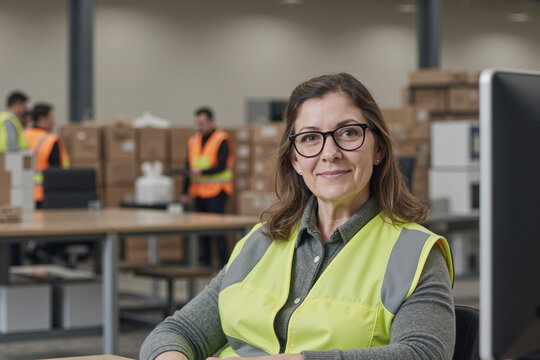 中年白人女性戴眼镜坐在仓库办公桌前的肖像，她自信地对着镜头微笑，背景中是穿着安全背心整理箱子的工人