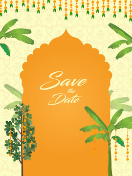 带有曼陀罗艺术的传统印度婚礼请柬模板