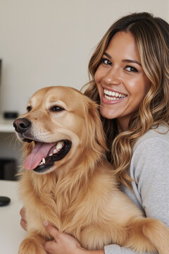 年轻的白人女性抱着金毛猎犬微笑，看着镜头，洋溢着喜悦之情，室内场景，特写构图
