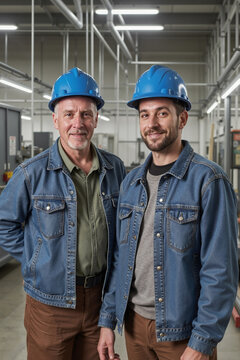 一名中年白人男子和一名青年白人男子戴着蓝色安全帽站在工业工厂环境中，对着镜头微笑的合影