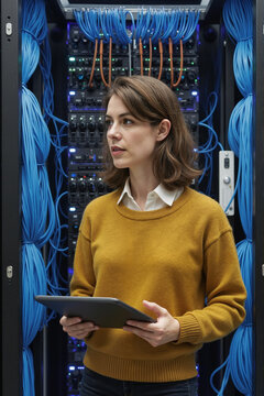 白人年轻成年女性站在服务器机房内，手持数字平板电脑，管理网络设备并检查数据电缆，专注于技术基础设施维护
