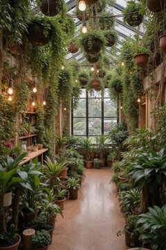 郁郁葱葱的室内温室，摆满各种盆栽植物，大型窗户周围垂挂着绿植，自然光洒在生机勃勃的叶子上，一条空荡荡的小径贯穿其间。