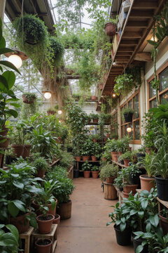 室内温室里，沿着步道摆放着各种花盆，里面长满了郁郁葱葱的绿色植物，天花板上垂吊着枝叶，自然光透过玻璃屋顶洒下，营造出宁静的植物景观。
