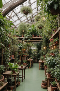 郁郁葱葱的温室内部，摆满各种盆栽植物和垂挂绿植，占据着木架和桌子，自然光透过玻璃屋顶洒下，不见人影