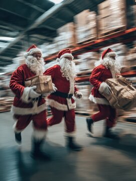 许多忙碌的圣诞老人正在打包礼品盒，准备快速圣诞配送；三位有趣的圣诞老人在工坊仓库中行走，于欢乐的圣诞高峰期递送礼物，正值节日筹备期间（无日志）