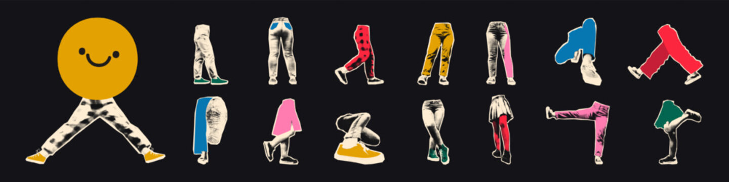 穿牛仔裤、裙子与运动鞋的腿部半色调艺术拼贴剪纸套装——包含多样剪纸、趣味贴纸、复古圆点纹理及涂鸦的现代复古 grunge 混合媒介矢量插画