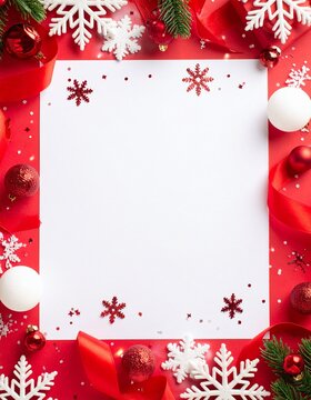 节日圣诞装饰框架采用俯视平面布局（平铺），包含精致的白色雪花、深红色背景以及摆放的红色圣诞装饰品