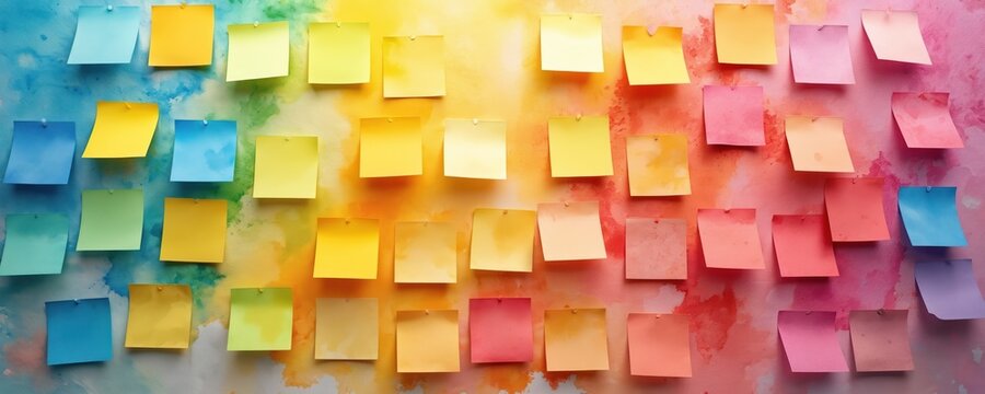色彩斑斓的便利贴排列在充满活力的水彩背景上。这一视觉画面代表着创意构思、规划或头脑风暴会议。有大量空白空间可用于添加文字。