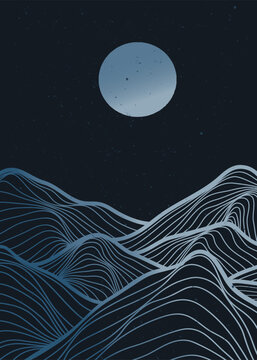 抽象山脉。创意极简现代线条艺术版画。抽象当代美学背景风景画。包含山脉、森林、山丘、海洋、波浪
