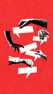 动态拼贴画：手在传递、指向与交换空白对话气泡。概念涵盖谈判、信息流动、企业沟通、快速决策周期及互动式团队协作交流