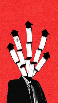 无数向上箭头从身着西装的人物身上迸发的概念艺术作品，体现远见思维、战略方向、业务扩张、快速增长与大胆企业抱负的概念