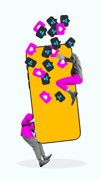 人们在满是社交图标的巨型智能手机重压下挣扎的醒目海报。体现网络压力、数字饱和、过载以及沉重的认可负担的概念。