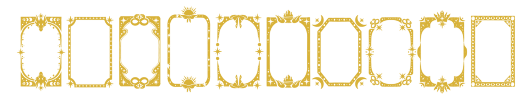 塔罗牌边框：奇幻魔法风格，手绘神秘装饰形状，星座灵性印花；装饰性复古中世纪设计，含星、月、日神秘占卜符号的华丽塔罗牌