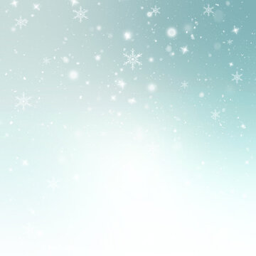 圣诞和新年方形雪景背景，明亮的薄荷蓝渐变上有闪烁的雪花、粒子和发光的星星