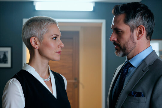 室内，一位中年白人女性与一位中年白人男性面对面站立，两人均保持严肃表情并进行直接眼神交流