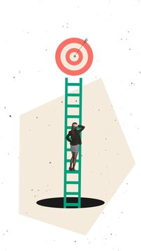 概念海报：一名女子正沿着高高的梯子朝着悬挂在黑暗深渊上方的靶心攀爬。体现了抱负、职业风险和以目标为导向的决策理念。