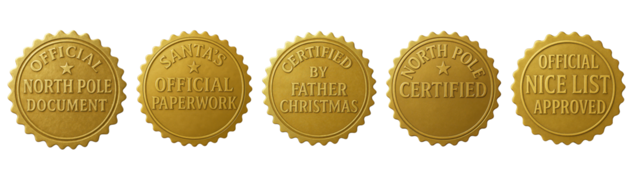 Official North Pole gold seal set — Santa Claus certified Christmas stamps and nice list stickers