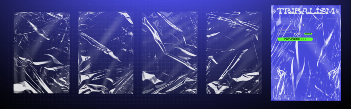 一组带有蓝色未来主义部落风格海报模型的光泽褶皱塑料包装纹理以及透明玻璃纸叠加效果