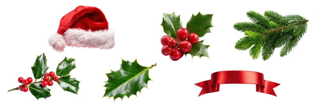 set of christmas decoration with holly leaf, holly berry, fir tree branch, gift ribbon banner and santa claus hat isolated on white or transparent png