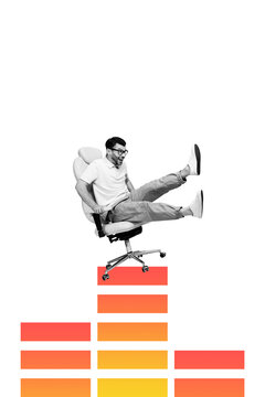 以开心商人坐椅、图表、发展增长统计数据、目标成就进步为主题的3D素描拼贴横幅