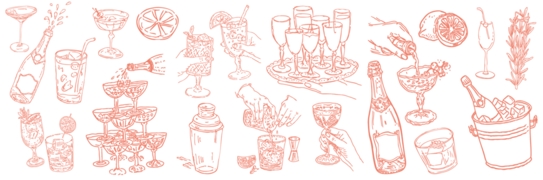用于派对设计和庆祝主题的手绘鸡尾酒与香槟插画集