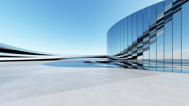 抽象建筑、建筑背景，用于汽车展示背景的弧形玻璃建筑，配有空旷的混凝土地面，3D渲染
