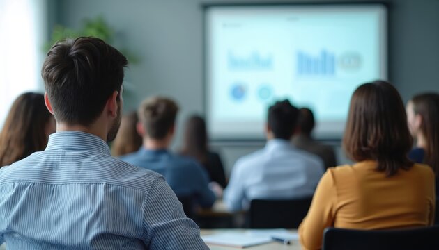 一群人参加商务演示。观众观看带有图表的投影屏幕。专业人士在课堂环境中学习。涉及团队合作、教育、战略制定。