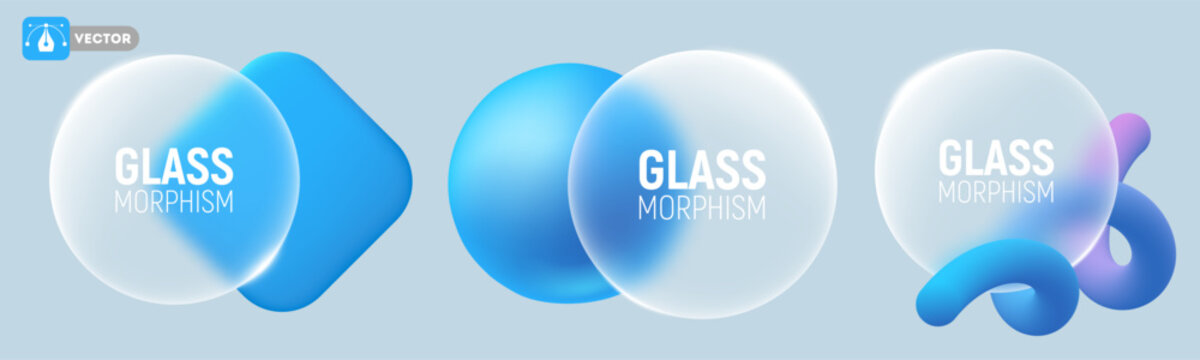 Glass morphism concept. 3D Modern design elements set with blue sphere, rhombus and futuristic line. Matte transparent circle with sparkling edges. Frosted glass effect. Vector illustration