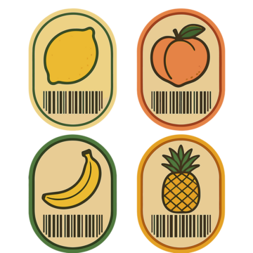带有条形码的复古水果价格标签，上面有柠檬、桃子、香蕉和菠萝