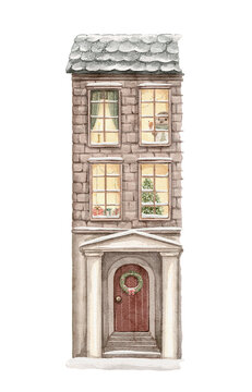 复古卡通风格的可爱构图：装饰着圣诞元素的房屋与穿着衣服的刺猬角色居住其中，于白色背景上孤立呈现，水彩手绘插画草图