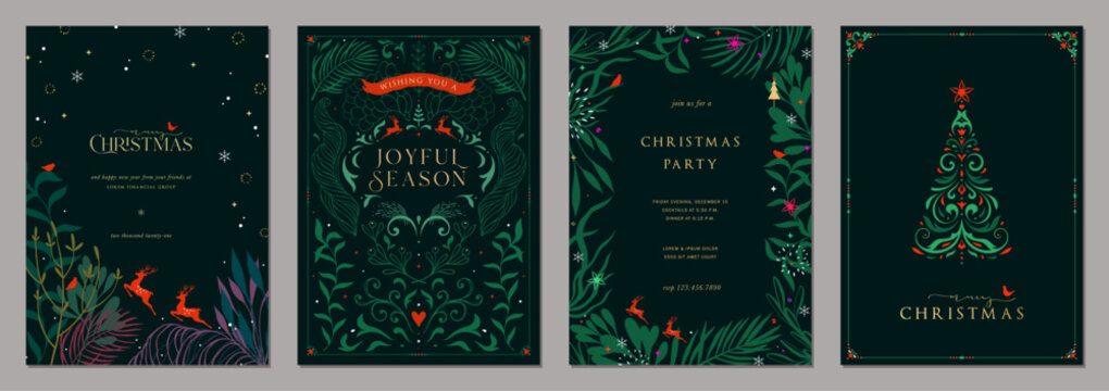 优雅植物系节日贺卡：含圣诞树、驯鹿、鸟类、华丽花卉边框及背景的抽象创意模板