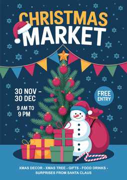 圣诞集市海报模板：含节日元素、冬季装饰与季节性排版，适用于活动推广及庆典设计