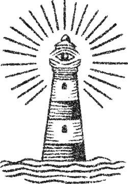 带有全视之眼和辐射光束的神秘灯塔，用于神秘海洋主题海报设计的点刻矢量神秘雕刻