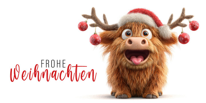 圣诞快乐贺卡、明信片，配有文字的插画——戴着圣诞帽或圣诞老人帽的有趣的苏格兰高地牛，孤立在白色背景上