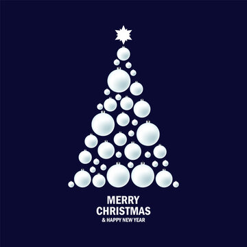 Abstract christmas tree made of white balls vector illustration. Stylized christmas tree decorated with shiny white baubles on a dark blue background. Template for background, banner, card