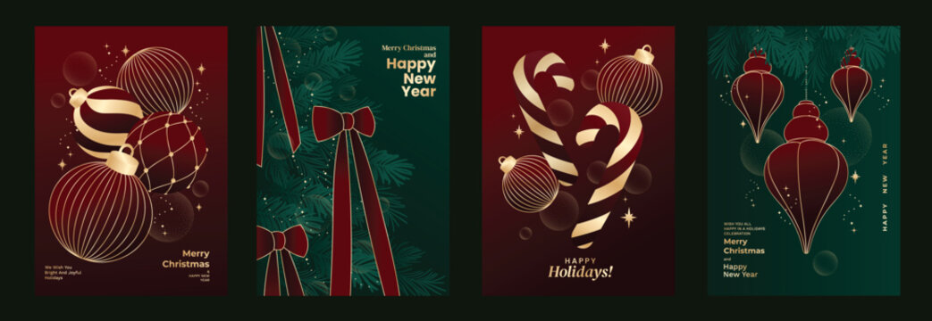 Christmas vector illustration with gold ornaments, red ribbons, festive baubles and geometric tree shapes in deep red and green — elegant design for Christmas and New Year cards.