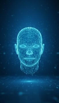 数字化头部形成一个由发光粒子构成的网络，代表诸如面部识别、生物识别、数据安全、人工智能以及科技未来等概念