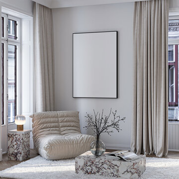 带有自然光线和简约装饰的现代客厅海报框架模型。3D渲染图。