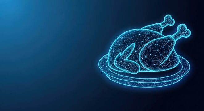 盘子上的抽象数字火鸡在蓝色图案中发光