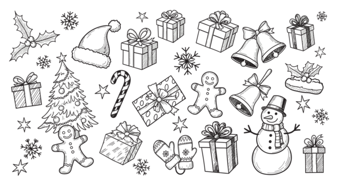 节日系列手绘圣诞图标，复古素描风格，包含雪人、礼盒、圣诞树和姜饼人，背景为米色