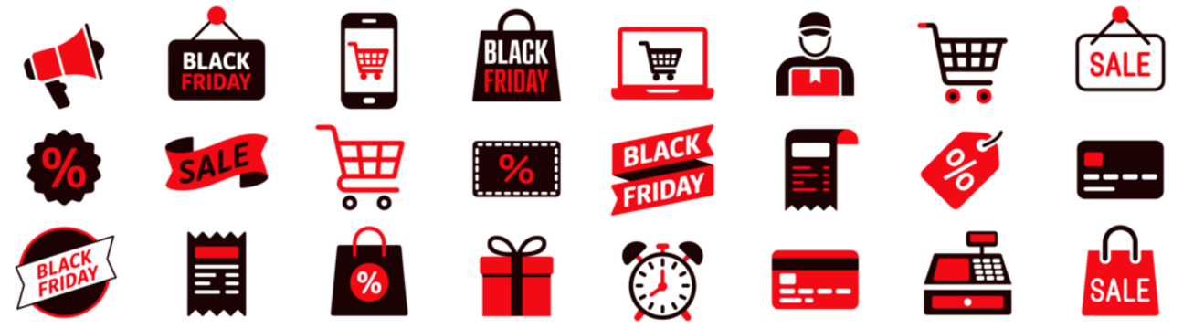 黑色星期五购物图标集，包含促销标签、购物车、礼品盒、信用卡以及促销符号