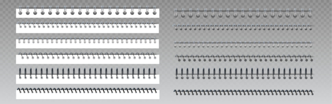 用于笔记本的金属螺旋活页夹，带有线圈和金属丝装订部件。白色长方形纸条搭配各种款式的银色和黑色金属弹簧。办公用品文档装订用品。
