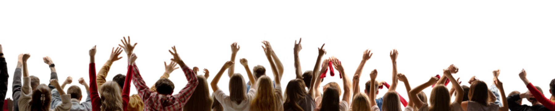 透明背景下高举手臂、神情兴奋的欢呼人群——适用于活动、体育视觉素材、宣传物料的大众参与概念