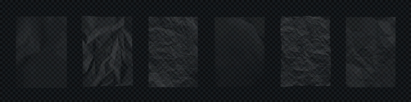 透明起皱塑料质感。一组带有光反射的起皱透明薄膜叠加在深色透明背景上。逼真的矢量插画。