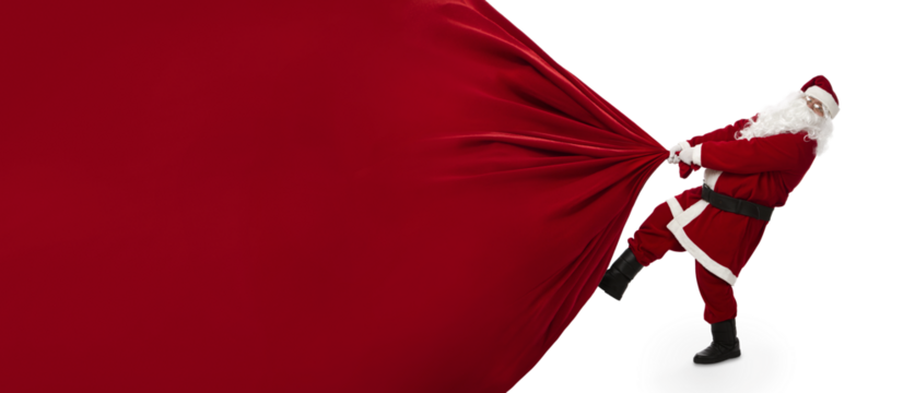 圣诞老人拖着一大袋礼物，透明背景带文案空间，PNG文件