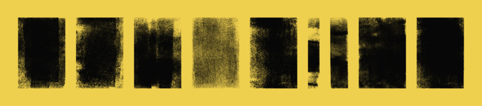 用滚筒手工制作的颓废风滚墨印章纹理套装；凸版复古粗糙矩形竖版背景；油毡浮雕印刷形状矢量插画（黄色背景孤立展示）